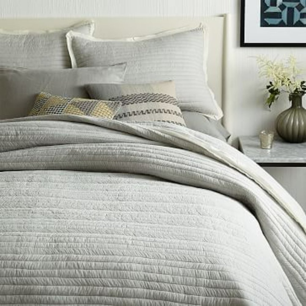 West Elm Mini Stripe Coverlet, Full/Queen, Frost Gray
